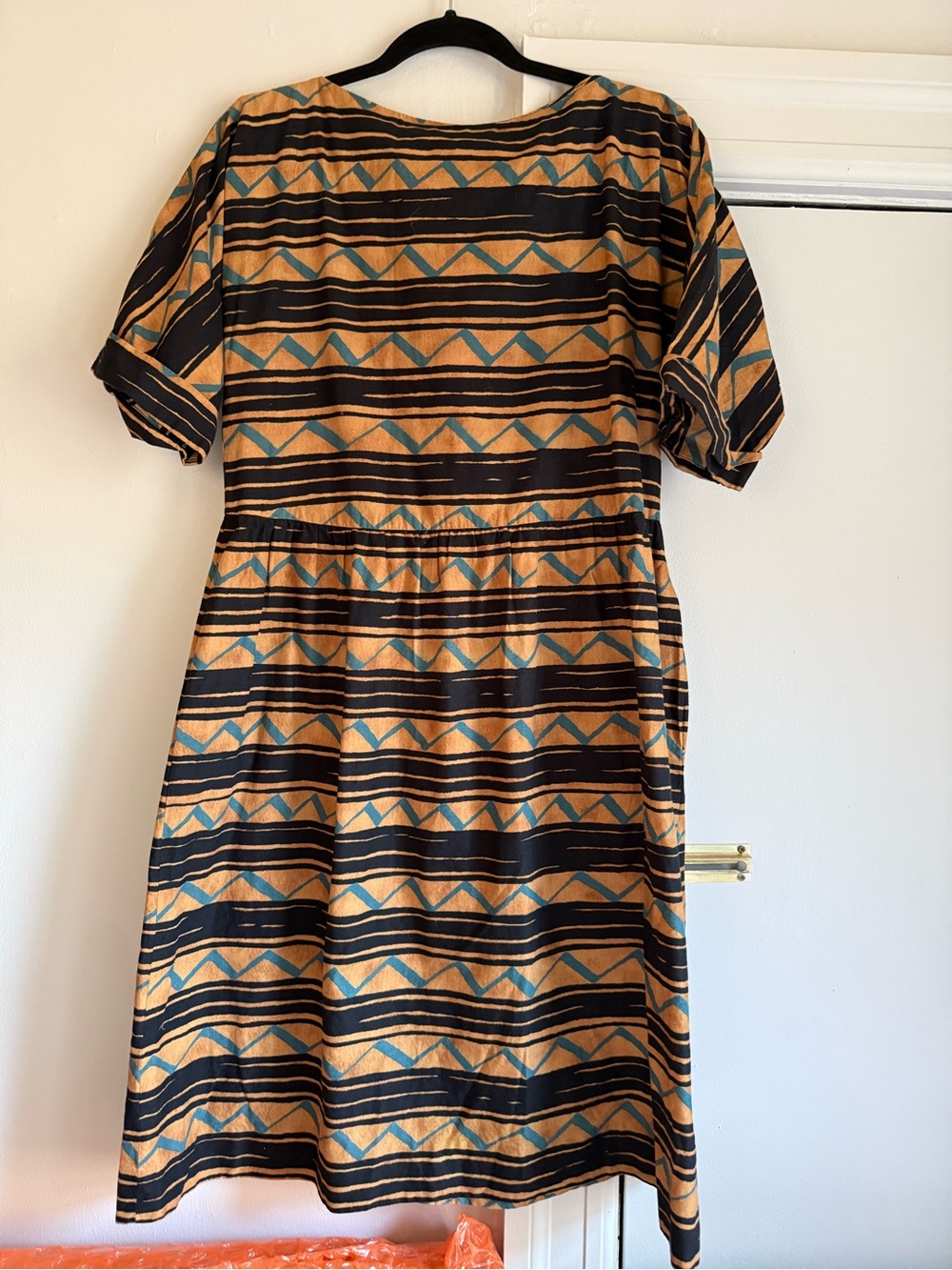 Vintage Geometric Midi Dress in Tan, Black, and Teal